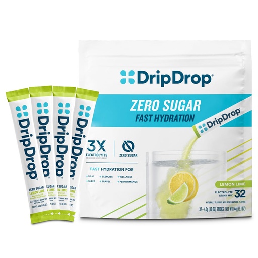 [BRSRMFALDIDWGYLP] DripDrop Sugar Free Hydration Packets - Zero Lemon Lime - Single Serve Electrolytes Powder Drink Mix - Non-GMO, Gluten Free, Vegan - 32 Sticks