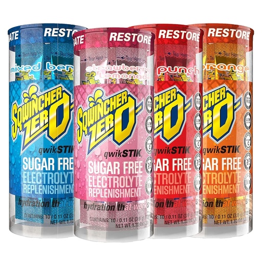 [BRSRAFQTBUIRUFDK] Sqwincher Zero Qwik Stik, 4 Flavor Variety Pack, Sugar Free, Low Calorie, Low Sodium Electrolyte Powder Hydration Drink Mix, .11 oz Packet (Pack of 200)