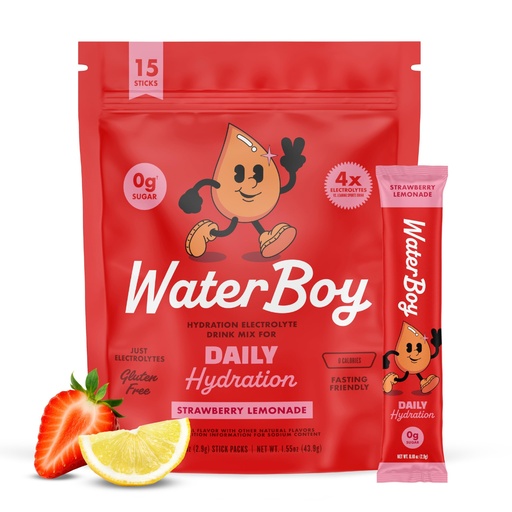 [BRSRAAT4CQIWAAA4] Waterboy Daily Hydration | 1,570mg Electrolyte Powder Packets | No Sugar, All Natural, Gluten Free, Zero Calories | 15 Drink Stick Mixes (Strawberry Lemonade)