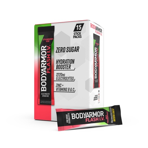 [BRSROGAKCFYQYA3L] BODYARMOR Flash IV Electrolyte Packets, Strawberry Kiwi - Zero Sugar Drink Mix, Single Serve Packs, Coconut Water Powder (15 Count)