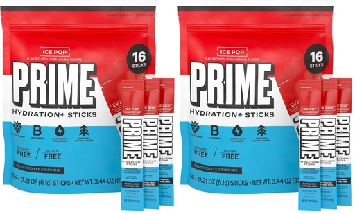 [BRSRGGQNPNYA2ADH] PRIME HYDRATION+ Electrolyte Powder Sticks, Ice Pop, Sugar Free Hydration Drink Mix with Potassium, Magnesium & B Vitamins to Replenish Fluids, Caffeine Free, 16 Count (Pack of 2)