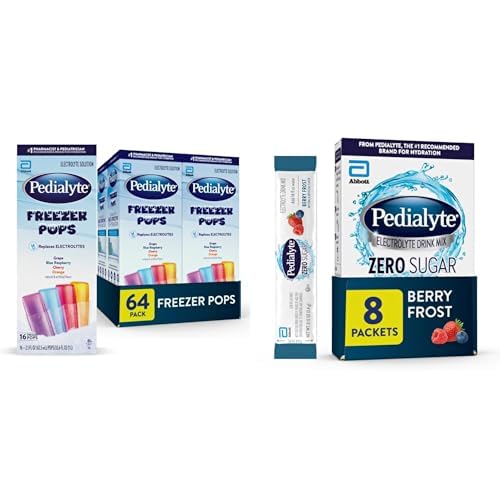 [BRSREFIPOB7AGC34] Pedialyte Hydration Bundle - 64-Count Electrolyte Freezer Pops Variety Pack (Grape, Blue Raspberry, Cherry, Orange) & Berry Frost Electrolyte Drink Mix Powder Packets, 8 Count