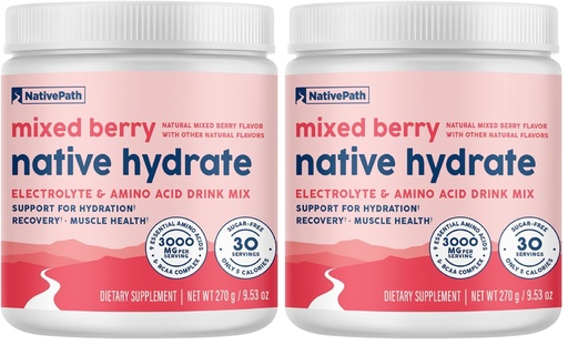 [BRSRGGQZCUCWAAYV] NativePath Native Hydrate, Zero Sugar, Electrolytes Powder with BCAAs, Mixed Berry Hydration, Keto & Paleo Friendly, 30 Servings (Pack of 2)