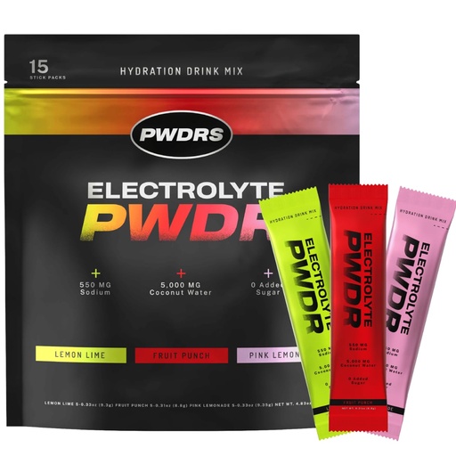 [BRSRAAQ3O4CROH3V] PWDRS Electrolytes | All Natural Electrolyte Packets | Zero Added Sugar | 5,000mg Coconut Water for Fast Hydration | Non-GMO, No Sucralose | 15 Sticks