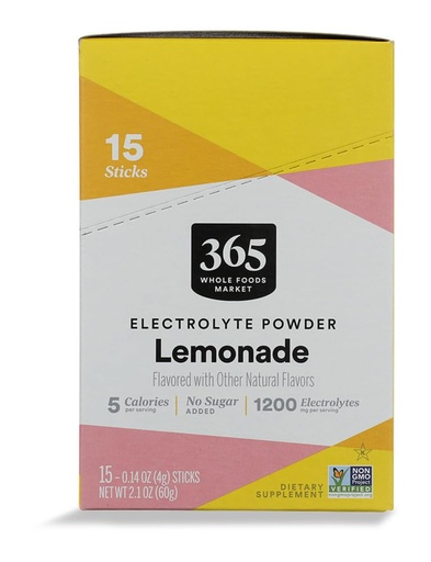 [BRSRAFANOF4AIHLD] 365 by Whole Foods Market Lemonade Electrolyte Stick 15 Count, 0.14 OZ