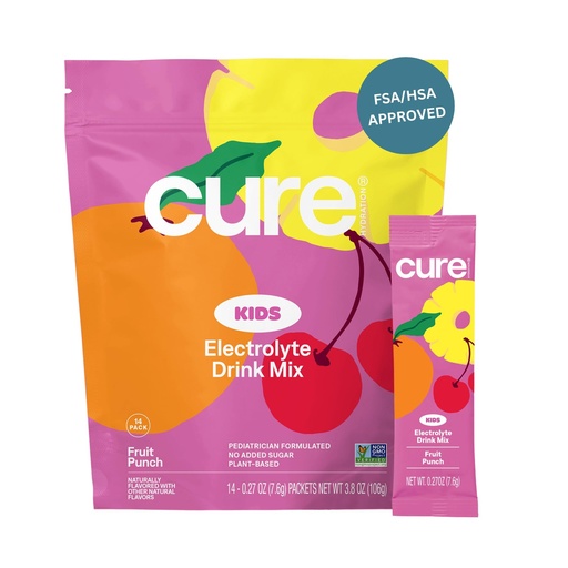 [BRSRABDYPN4AOHLA] Cure Hydration - Kids Electrolyte Drink Mix | Plant-Based Pediatrician Formulated Rehydration | No Added Sugar, FSA-HSA, Non-GMO, Gluten-Free, No Artificial Flavors | 14 Packets - Fruit Punch
