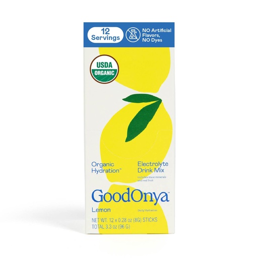 [BRSROGT5O4PGOGYU] GOODONYA Organic Hydration Electrolyte Drink Mix, Certified Organic Hydration Powder, Non-GMO, Biochecked Glyphosate Free, Low Sugar, Lemonade Flavor, No Artificial Flavors,12 Stick Packs