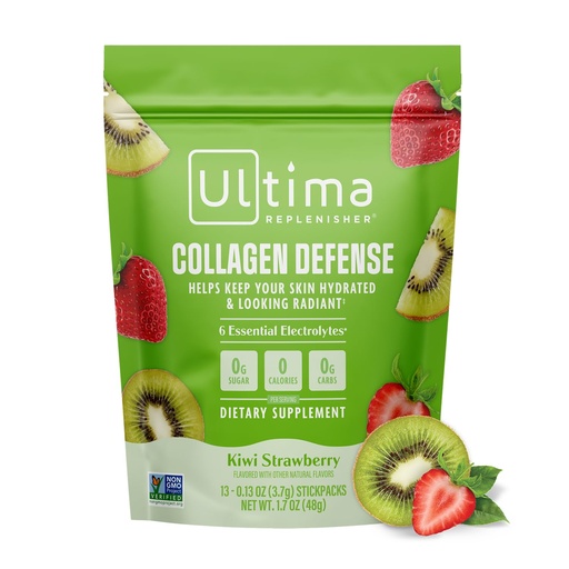[BRSRACQPCUCGG233] Ultima Replenisher Collagen Defense Supplement and Electrolytes Powder - Kiwi Strawberry, 13 Stickpacks - Hydration Packets with Dermaval and Biotin that Keep Your Skin Hydrated and Looking Radiant
