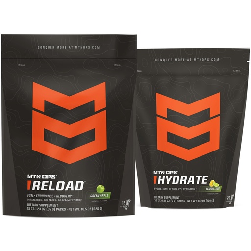 [BRSRGGD7CUDQO3D4] MTN OPS Reload + Hydrate Bundle, Carb Fuel & Electrolyte Hydration Powder, Green Apple + Lemon Lime