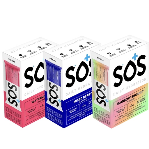[BRSREBQ5OUNGA23X] SOS Daily Electrolyte Stick Packets – Multi Pack | 24 Sticks | Rapid Hydration Powder with Electrolytes & Vitamins | Low Sugar, Keto Friendly | 8 Mixed Berry | 8 Watermelon | 8 Rainbow Sherbert