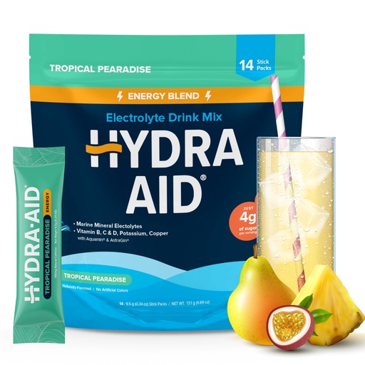 [BRSROYA6OECRU3A3] Hydration Energy Powder Drink Mix | Marine-Mineral Electrolytes, Vitamins B C D, Low Sodium | 14 Stick Packs - Tropical Pearadise | Vegan, Non-GMO, Gluten Free