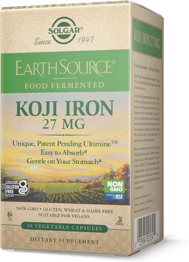 [BRSWYZ35CIBAMGY7] Solgar Earth Source Food Fermented Koji Iron 27mg, 30 cápsulas vegetales - Absorción superior, Hierro de liberación lenta - Gentle on The Stomach - Non-GMO, Vegan, Gluten Free, Dairy Free, Kosher - 30 Servings