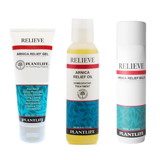 [BRSWYYIDCIARYE3O] Plantlife Arnica Relieve Bundle - Made with Arnica and 100% Pure Essential Oils - Relieve Products are a Homeopathic Solution for Everyday Use - Works Quickly and Effectively - Made in California