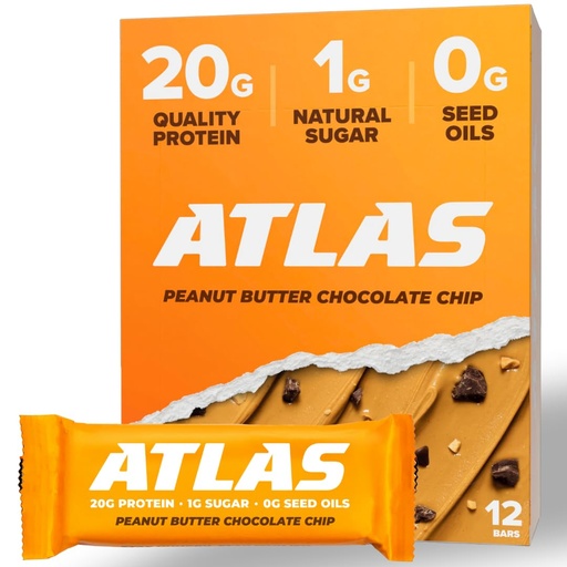 [BRSWGHAQBUBQIGTO] Atlas Bar – 20g Protein, 1g Sugar, 0g Seed Oils, 0g Artificial Sweeteners (Peanut Butter Chocolate Chip, 12 Count)