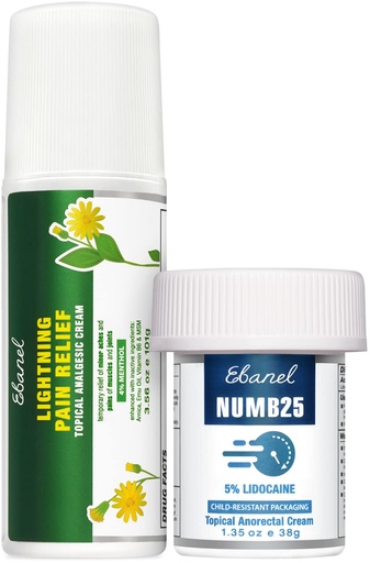 [BRSWYBQCO4MGOHTP] Ebanel Bundle of Numb25 Lidocaine 5% Topical Numbing Cream 1 Oz, and Pain Relief Roll On Arnica Menthol 3 Oz