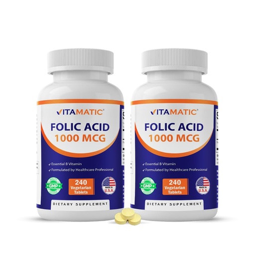 [BRSW2CYOCACAA3T3] Vitamatic Folic Acid 1000 mcg (1 mg) – 240 Vegetarian Tablets (Pack of 2) 1667 mcg DFE – Vitamin B9 for Prenatal, Heart & Cellular Health