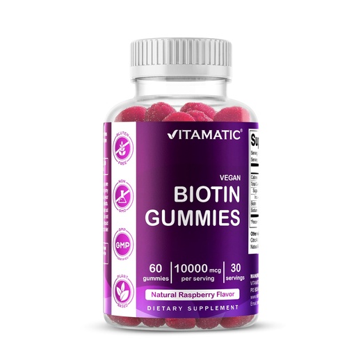 [BRSW22T3BNYA2GQ2] Vitamatic Biotin Gummies 10,000 mcg for Stronger Hair, Skin & Nails - 60 Vegan Gummies - Also Called Vitamin B7 (1 Bottle)