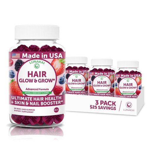 [BRSRGY37CN7RYF32] Lunakai USA Made Super Hair Gummies with Biotin, Zinc, Horsetail Extract & Saw Palmetto - Hair Growth Vitamins for Women & Men – Supports Thicker, Longer, Stronger Tresses, Skin & Nails - 3 Pack