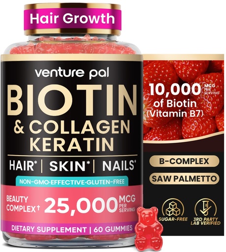 [BRSRAGA3A4MQEE3K] Venture Pal Biotin Gummies with Collagen & Keratin - Hair Growth Support Skin and Nail Strength Vitamins for Women & Men - Biotin 10000mcg | B-Complex | Saw Palmetto - Sugar Free, Non-GMO, 60ct
