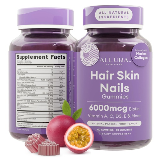 [BRSRE2Q7OQPGM3QV] Hair Skin and Nails Vitamins for Women – Extra Strength 6000mcg Biotin Hair Gummies with Marine Collagen, Vitamin E, A, C & PABA for Hair Growth, Healthy Skin & Nails – Made in US, Passion Fruit, 60ct