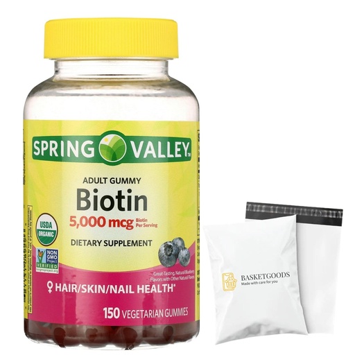 [BRSREEAHA4HBUFL4] Spring Valley Biotin 5000mcg- Blueberry Flavor, Hair Skin and Nails 150 Gummies (Pack of 1), Set by Basket Goods