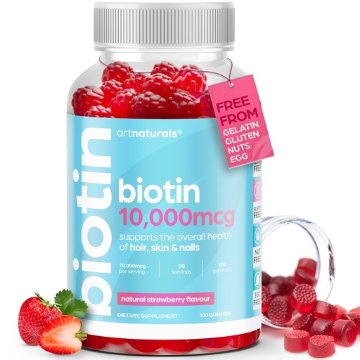 [BRSWGHYCO4FWODQV] Artnaturals Biotin Gummies for Hair Growth - (100 Gummies - 10000mcg) - Natural Strawberry Vitamins Supports Nails and Skin - Gelatin, Gluten, Nut and Egg Free