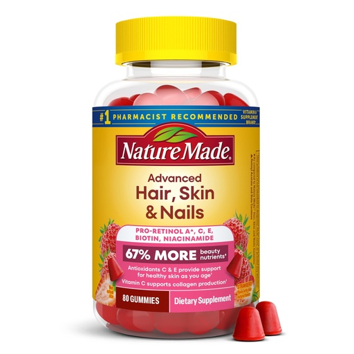 [BRSRGHD7OB5A4ALJ] Nature Made Advanced Hair Skin and Nails Gummies, Biotin, Pro Retinol A, Niacinamide, Vitamin C & Vitamin E, 80 Gummies, 40 Day Supply