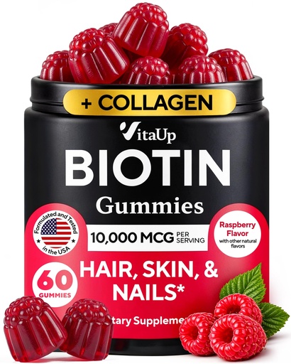 [BRSREZI3DN5WEYL3] VitaUp Biotin Gummies 10000mcg for Women and Men - Extra Strength Hair, Skin and Nails Gummies with Collagen - Natural Biotin Gummy Supplement for Hair, Skin, Nails Support - 60 ct