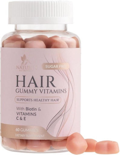 [BRSWYFQ6B4CWOYDA] Hair Vitamins Gummies - Sugar Free Hair Growth Support Gummy with Biotin 5000 mcg Per Serving, Vitamin A, B12, C, D, E, Folic Acid - Supports Strong Beautiful Hair and Nails, Vegetarian - 60 Gummies