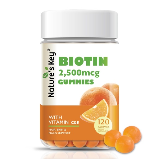 [BRSW2FADDN6QK3DH] Nature's Key Biotin Gummies with Vitamin C and E, Support Hair Nails Growth & Beautiful Skin for Women Men and Kids, Vegan, Orange Flavors, 120 Count