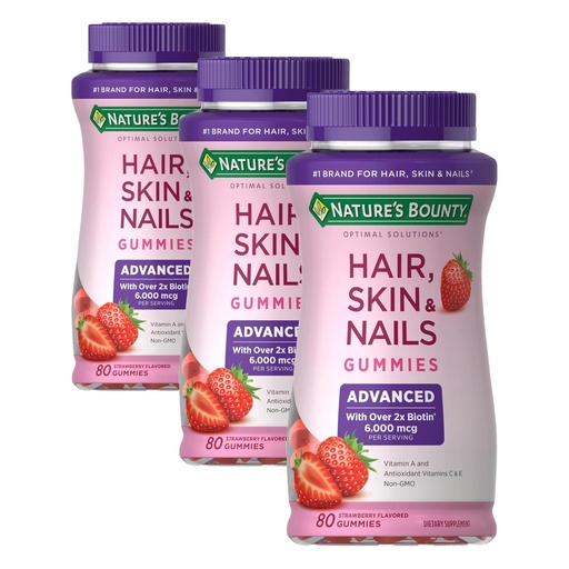 [BRSRGFTRBMMWCAD6] Nature's Bounty Optimal Solutions Advanced Hair, Skin, Nails, 2X Biotin, 80 Strawberry Gummies, 40 Total Servings (Pack of 3)