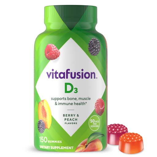 [BRSWIZQRB4NQADD4] vitafusion Vitamin D3 Gummies, Bone and Immune Support, Peach, Blackberry, Strawberry Flavored, 50 mcg D3 Gummy Vitamin Supplement, 75 Day Supply, 150 Count
