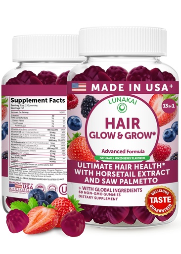 [BRSREYIQCEBQYGTZ] Lunakai USA Made Super Hair Gummies with Biotin, Zinc, Horsetail Extract & Saw Palmetto - Hair Growth Vitamins for Women & Men – Supports Thicker, Longer, Stronger Tresses, Skin & Nails, 60ct