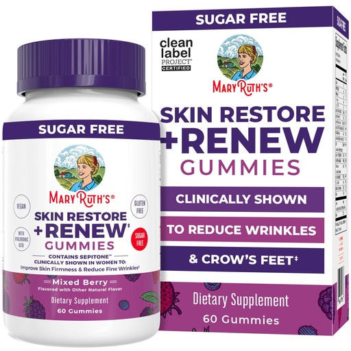 [BRSRACQFDEJREDLD] MaryRuth's Skin Restore + Renew Gummies With Hyaluronic Acid | Skin Hydration | Clinically Shown in Women to Reduce Fine Wrinkles & Improve Skin Firmness | Vegan Collagen Production | 60 Gummies