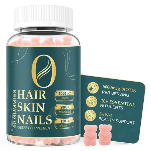 [BRSRGAQRBEIBA3I4] Hair Skin and Nails Vitamins for Women - 6000mcg Biotin Gummies, Vegan Beauty Supplement for Healthy Hair, Glowing Skin & Stronger Nails, Daily Beauty Vitamins, 30-Day Supply, 60 Count