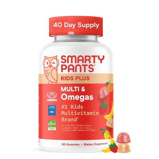 [BRSRAAQLPMOQGHY2] SmartyPants Kids Multivitamin Gummies, Omega 3 (DHA/EPA), Vitamins D3, C, B12, B6, Vitamin A, K & Zinc, Gluten Free, Three Fruit Flavors, 80 Count (40 Day Supply)