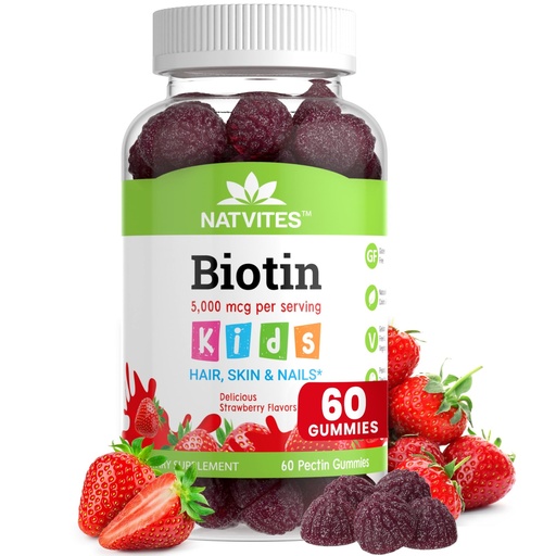 [BRSREZATPIBBM2TP] Kids Biotin Gummies for Hair Growth Support - Biotin 5000mcg Kids Hair Skin & Nails Gummies for Boys and Girls - Vegetarian Gluten Free Vitamin B7 - Hair Nails & Skin Vitamins (60 Count)