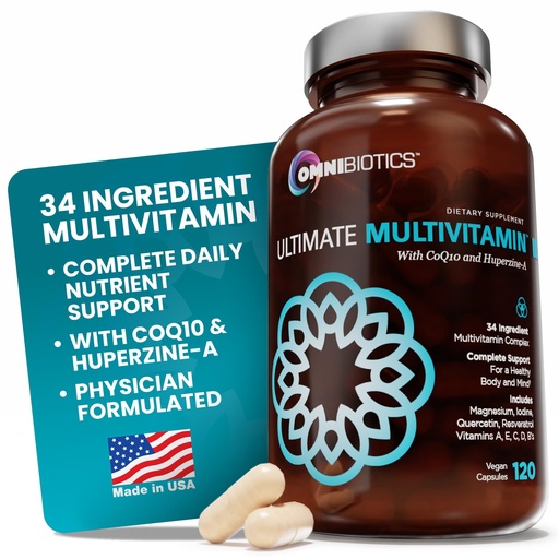 [BRSRMBIBCVYGYGT2] OmniBiotics Ultimate Daily Multivitamin for Women & Men – 34 Essential Ingredients Including Vitamin A, C, D, E, B6, B12, Biotin, Zinc – 120 Vegan Capsules