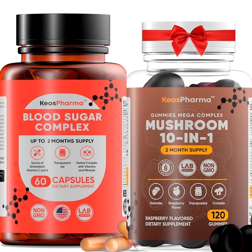 [BRSRGYIYPMCBYHTB] Bundle with Supplements Blood Sugar Complex, 60 Capsules, Up to 2 Months Supply with Mg, Cinnamon, Zinc, Vitamin C,E, Biotin and Other with Mushroom Lions Mane Gummies 120x pcs 10-in-1
