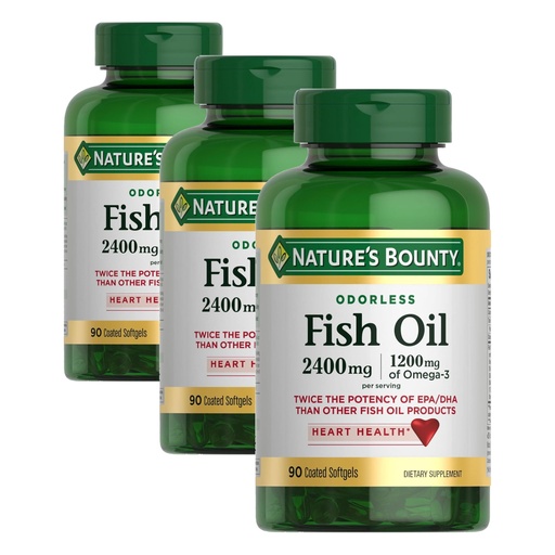 [BRSREBINO4BBGHT2] Nature's Bounty Odorless Fish Oil, 1200mg Omega-3 per Serving Including EPA & DHA, Supports Heart Health, Purified to Eliminate Mercury,Coated Softgels,Gluten Free,No Shellfish, 90 Count, (Pack of 3)
