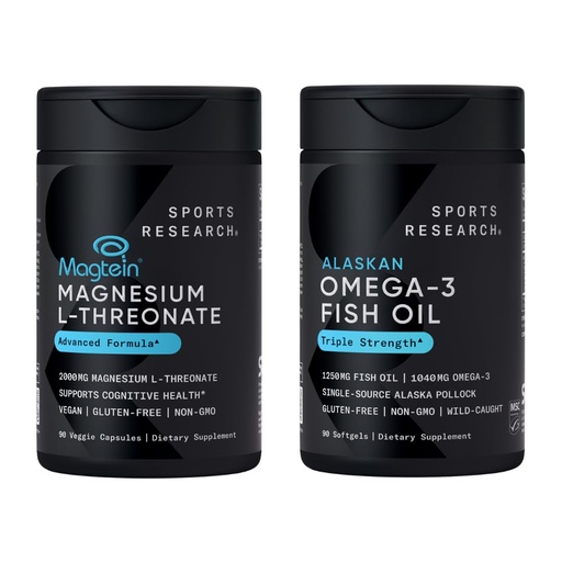 [BRSRE2Q3OUFAI336] Sports Research® 90 Ct Cognitive Health Pack - Triple Strength Omega 3 Fish Oil EPA DHA Fatty Acids from Single-Source Wild Alaskan Pollock & Magtein Magnesium L-Threonate for Memory, Focus, Cognition
