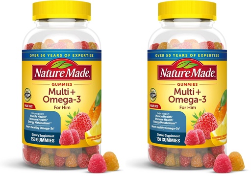 [BRSRGGQKBEDQKHTD] Nature Made Mens Multivitamin Gummies with Omega-3,Mens Gummy Multivitamins for Daily Nutritional Support,150 Gummy Vitamins and Minerals,75 Day Supply,(Pack of 2)