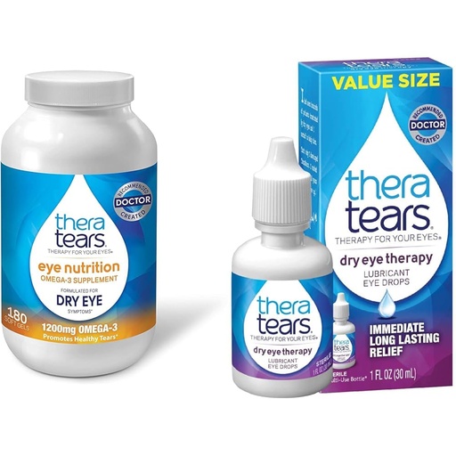 [BRSROAIPDMMRED35] TheraTears 1200mg Omega 3 Supplement for Eye Nutrition, Organic Flaxseed Triglyceride Fish Oil and Vitamin E, 180 Count & Dry Eye Therapy Eye Drops for Dry Eyes, 1.0 Fl Oz