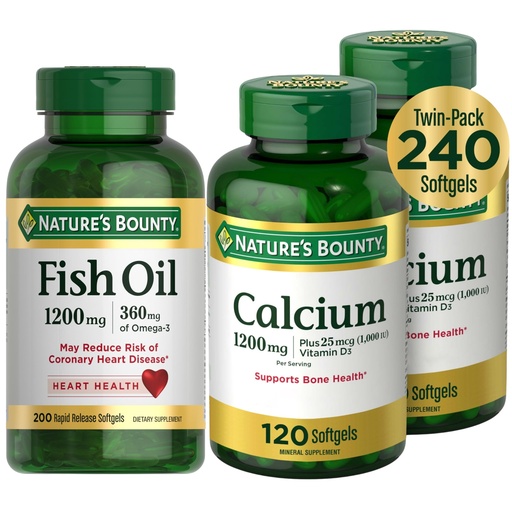 [BRSRE2QCBZ4GM33G] Nature's Bounty Fish Oil + Calcium with D3 Bundle – Heart, Bone & Immune Health Support, Omega-3 1200mg, 200 Softgels + Calcium 1200mg, Vitamin D3, 2x120 Ct – Wellness Duo Pack
