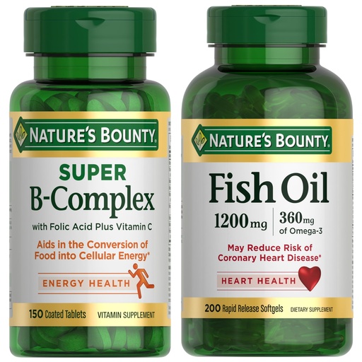 [BRSROBQCC4FAO3LF] Nature's Bounty Energy & Heart Health Bundle: Super B Complex Vitamins with Vitamin C & Folic Acid (150 Count) for Immune & Cellular Support + Fish Oil Omega-3 (1200 Mg, 200 Count) for Heart Wellness