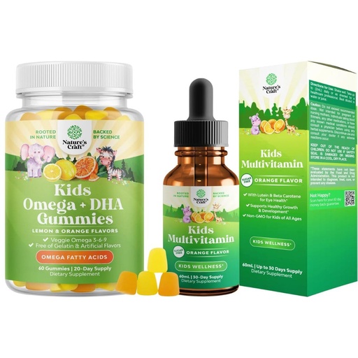 [BRSRMY32DF6AKHLB] Bundle of Kids DHA Omega 3 Gummies - Fatty Acids Omega 3 6 9 for Brain Immune Strength Vision Focus Support and Liquid Multivitamin for Kids Immunity Support - Yummy Toddler Supplement High Absorption