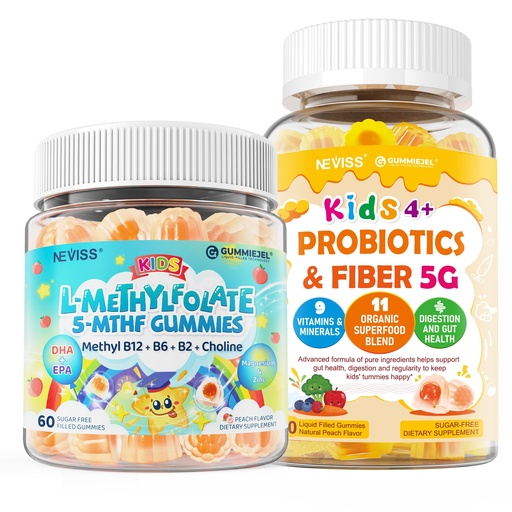 [BRSRGAIPB4PRE3TJ] Kids Probiotic + Prebiotic Fiber Gummies 5G, 12 Billion CFU Probiotic & Veggie Fruit Fiber + Kids L-Methylfolate Gummies, Active 5-MTHF + Methyl B12, Vitamin B6, B2, Choline, Vegan Omega 3 DHA & EPA