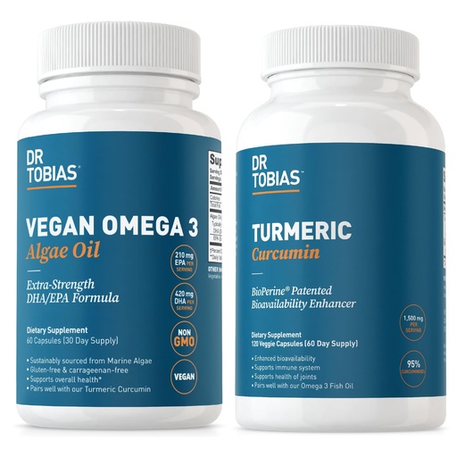 [BRSRA2Q5DF4AGFIY] Dr. Tobias Omega 3 Algae Oil Turmeric Curcumin, Joint Support, Brain Function, and Overall Vitality, Non-GMO, Vegan