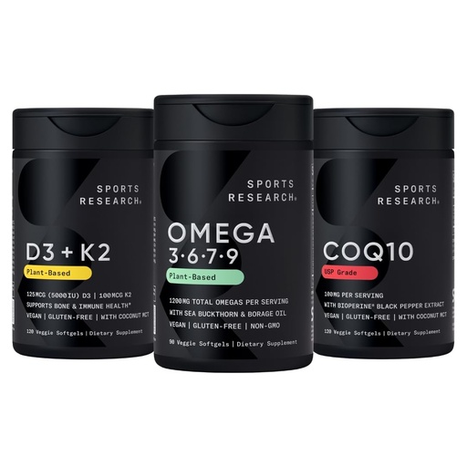 [BRSRGZYYAEGROCYV] Sports Research® Vegan Supplements Pack - Vegan Omega 3-6-7-9 - 1200 mg of Multi-Spectrum Omega Fatty Acids + D3 + K2 + CoQ10 (100mg)