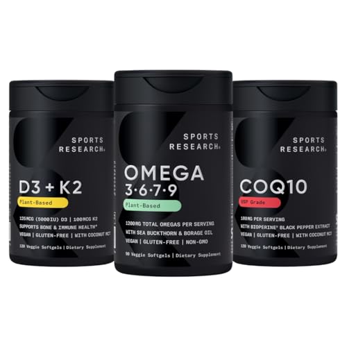 [BRSRGZYYAEGROCYV] Sports Research® Vegan Supplements Pack - Vegan Omega 3-6-7-9 - 1200 mg of Multi-Spectrum Omega Fatty Acids + D3 + K2 + CoQ10 (100mg)